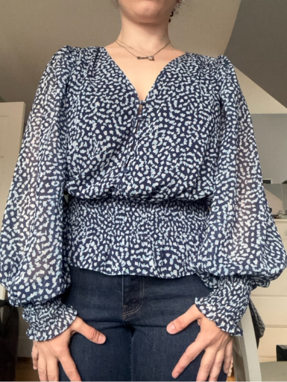 Blue Printed Chiffon Long-Sleeve Smocked Waist Blouse